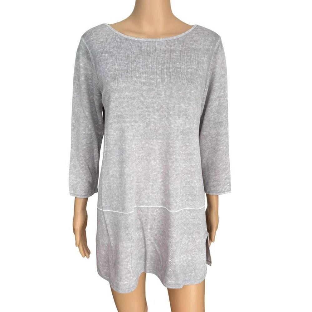Pure Jill Linen Blend Tunic Sweater Sz S Light Gray 3/4 Sleeve Lightweight Knit